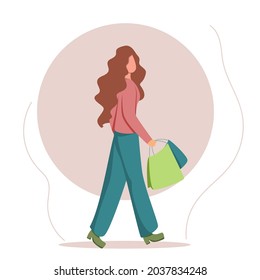 The girl goes shopping with purchases. A girl without a face. Vector illustration isolated on white background.