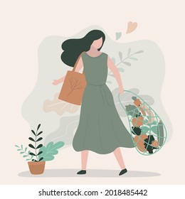 Girl goes shopping with reusable cloth bag. String bag with kit of vegetables. Woman supports zero waste movement. Female character refused plastic bags. Environmental protection. Vector illustration