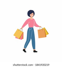 A girl goes shopping. A woman carries shopping bags in her hands. Shopping center Promotions, discounts and sales. Vector flat female character.
