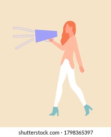 The girl goes and speaks into the microphone, vector graphics