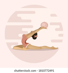 Girl goes in for sports with ball. Healthy lifestyle, home or fitness room. vector illustration.