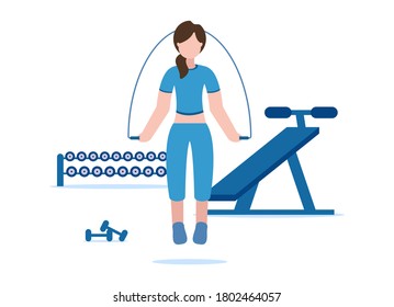 The girl goes in for sports, doing exercises, fitness workout, running, jumping on a rope. Healthy lifestyle, leisure, sports. Cartoon flat vector illustration isolated on white background.