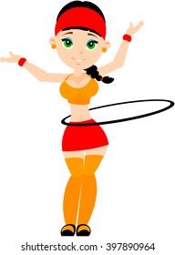 The girl goes in for sports in the gym. Exercise with hoop.