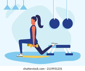 The girl goes in for sports in the gym in a flat style. Exercise lunges with weight in the gym using dumbbells and step platforms.