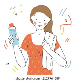 The girl goes in for sports and holds a bottle of water in her hands. The woman drinks water. Vector outline illustration.