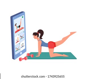 The girl goes in for sports at home via video conference on the mobile. Workouts online, fitness using gadgets, vector. The woman does gymnastics, training, shakes the muscles of the legs. Isolated