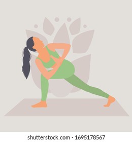 The girl goes in for sports in nature. Woman doing yoga pose exercises on beige background. Spiritual and physical practice. Vector illustration in cartoon style.