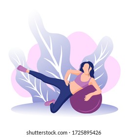 The girl goes in for sports on a gymnastic ball. Aerobics on a fitball. Flat and cartoon style. Healthy lifestyle, home or fitness room. Banner, advertisement, announcement.