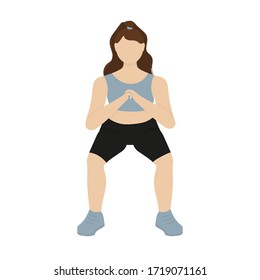 The girl goes in for sports and performs squats without weighting. Exercises for weight gain and weight loss. Technique of the exercise. Stock vector illustration in a flat style.