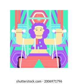 The girl goes in for sports while isolated. The concept of maintaining health, working, studying from home during a pandemic. Colored flat vector illustration of a new trend.