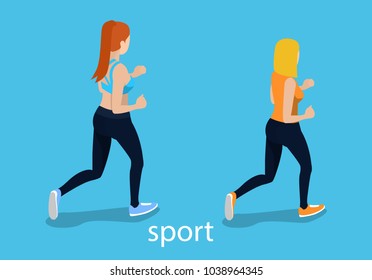 The girl goes in for sports. The woman is jogging isometric 3D illustration vector