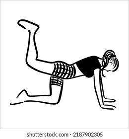 The girl goes in for sports. yoga. butt exercises. stretching. fitness. black and white outline illustration.