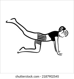 The girl goes in for sports. yoga. butt exercises. stretching. fitness. black and white outline illustration.