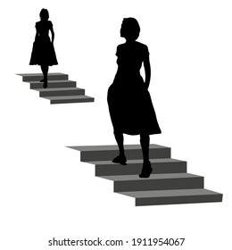 The girl goes up the steps. Vector female silhouette. Back view of the figure of a girl in a dress, isolated on a white background.