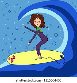 The girl goes for surfing. A big wave. Vector drawing.