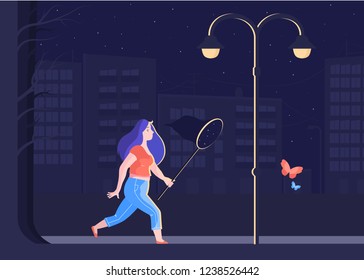 The girl goes through the night city. In the light of a street lamp. Holds a butterfly net. In search of a dream, on the way to your goal, achievement of success by a woman. Vector illustration.