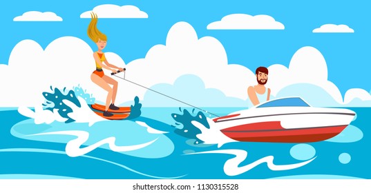 Girl Goes For Water Skiing After Boat. Active Holiday On Sunny Day. Sport On Vacation. Water Ski Rental. Vector Illustration. Sea And Sun On Weekend. Man On Boat Skates Water Skier.