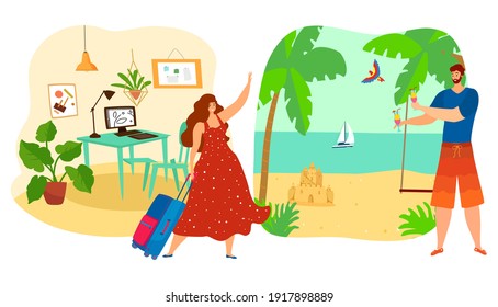 Girl goes from work to rest summer vacation concept, travel tour, happy trip, man on beach, cartoon style vector illustration. Beautiful woman designer comes out with suitcase from office, seashore.