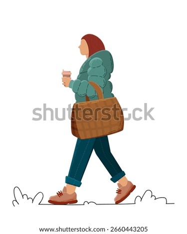 Girl goes to work, side view. Cool weather, autumn blues, warming coffee. Worker holds hot paper cup of coffee. Flat isolated vector illustration.