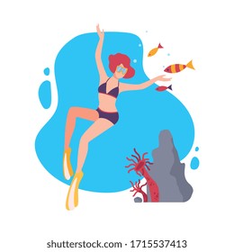 Girl in Goggles and Flippers Swimming Under the Water with Corals and Small Fishes, Extreme Hobby or Sport Flat Vector Illustration