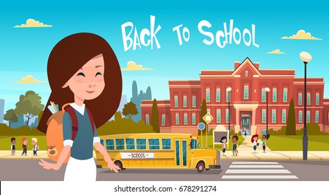 Girl Going Back To School Over Group Of Pupils Walking From Yellow Bus Primary Schoolchildren Students Flat Vector Illustration