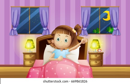 Girl going to bed in bedroom illustration