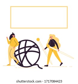 Girl is going with knitting needles. Woman is standing near the fur ball. Online store purple and yellow vector illustration. 