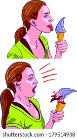 A girl is going to lick an blueberry ice cream but a dwarf is hidden in the ice cream!