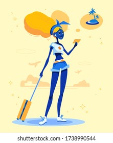 Girl is going on holiday, dreams about vacation. Summer time, happy traveler. Young woman with awesome haircut
