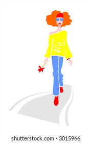 The girl going on a path on a white background.