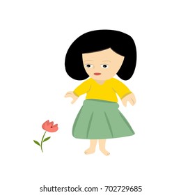 Girl going to pluck a rose flower vector illustration