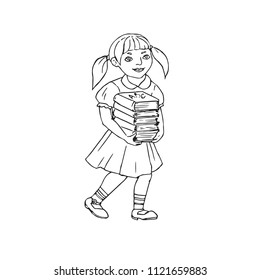Girl going to school with books in hands, hand drawn doodle, sketch, vector outline illustration