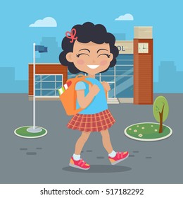 Girl going in for school with rucksack. Little girl goes to study office. School girl during break searching for classroom. Young lady at playground at break. Daily activity. Vector
