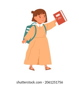 Girl going to school with schoolbag and book in hand. Elementary student, little kid walking with bag. Happy schoolgirl first-grader in dress. Flat vector illustration isolated on white background