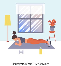 A girl is going sport at home and doing plank. Vector flat illustration of fitness workout, training, sports activity, exercises, the gym at home in quarantine