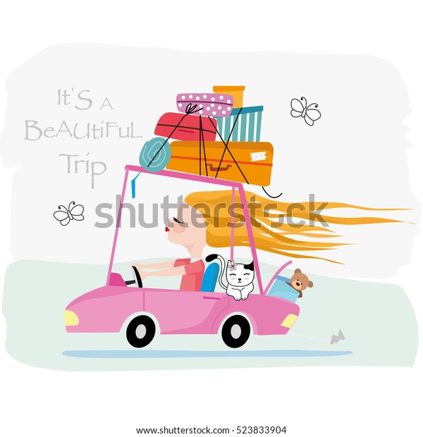 girl is going to a vacation with car illustration\
for print