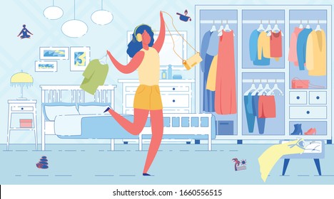 Girl Going for Walk and Have Fun at Home to Music. Woman in Headphones Dancing in Middle Room, she Pulled Things out Closet and Choose what to Wear. In Bedroom Large Bed, Bedside Table and Mirror.