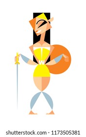 A girl in gold armor with a sword and shield