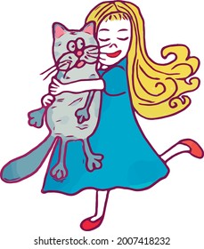 a girl with golden hair dressed in a blue dress and red shoes hugs her beloved cat