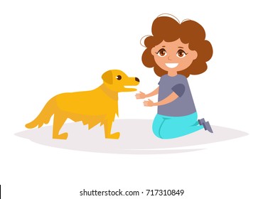 Girl and Golden Labrador. Vector. Cartoon. Isolated art on white background. Flat.
