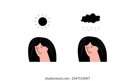 The girl is in a good and bad mood.
A woman with the sun over her head and with a cloud and rain over her head. Flat vector illustration on the theme of mental health.