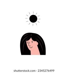 The girl is in a good, normal mood, smiling, optimistic, with the sun above her head. Flat vector illustration on the theme of mental health and love of life.