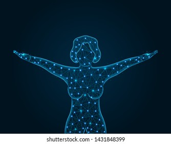 Girl in good physical shape low poly design, happy woman in polygonal style, girl raised her arms up vector illustration on dark blue background