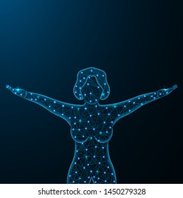 Girl in good physical shape low poly design, happy woman in polygonal style, girl raised her arms up vector illustration on dark blue background