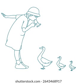 Girl with goose chicks - summer day