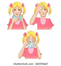 Girl got cold. Set of three vector images of a little girl complaining about headache, sore throat and cold. Each image shows possible symptoms of a cold.