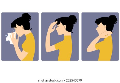 Girl got cold Three vector image of a girl complaining about headache, sore throat and cold. Each image shows symptoms of a cold 