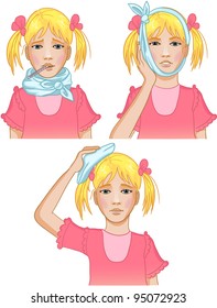 Girl got cold. Three vector image of a little girl complaining about headache, sore throat and inflammation of ear. Each image shows possible symptoms of a cold. Second version.