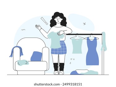 Girl got fat. Plump woman stands with small Tshirt in her hands. Fatty sad person with clothes. Overweight dissatisfated girl. Linear vector illustration isolated on white background