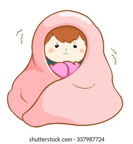 girl got a fever shivering under blanket cartoon